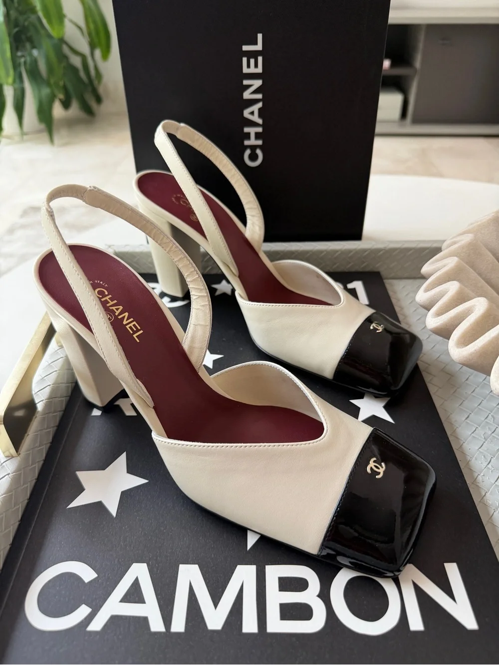 Chanel 26S Blazy Ivory Ecru Black Square Cap Toe Sling CC Slingback Heel Pump 40